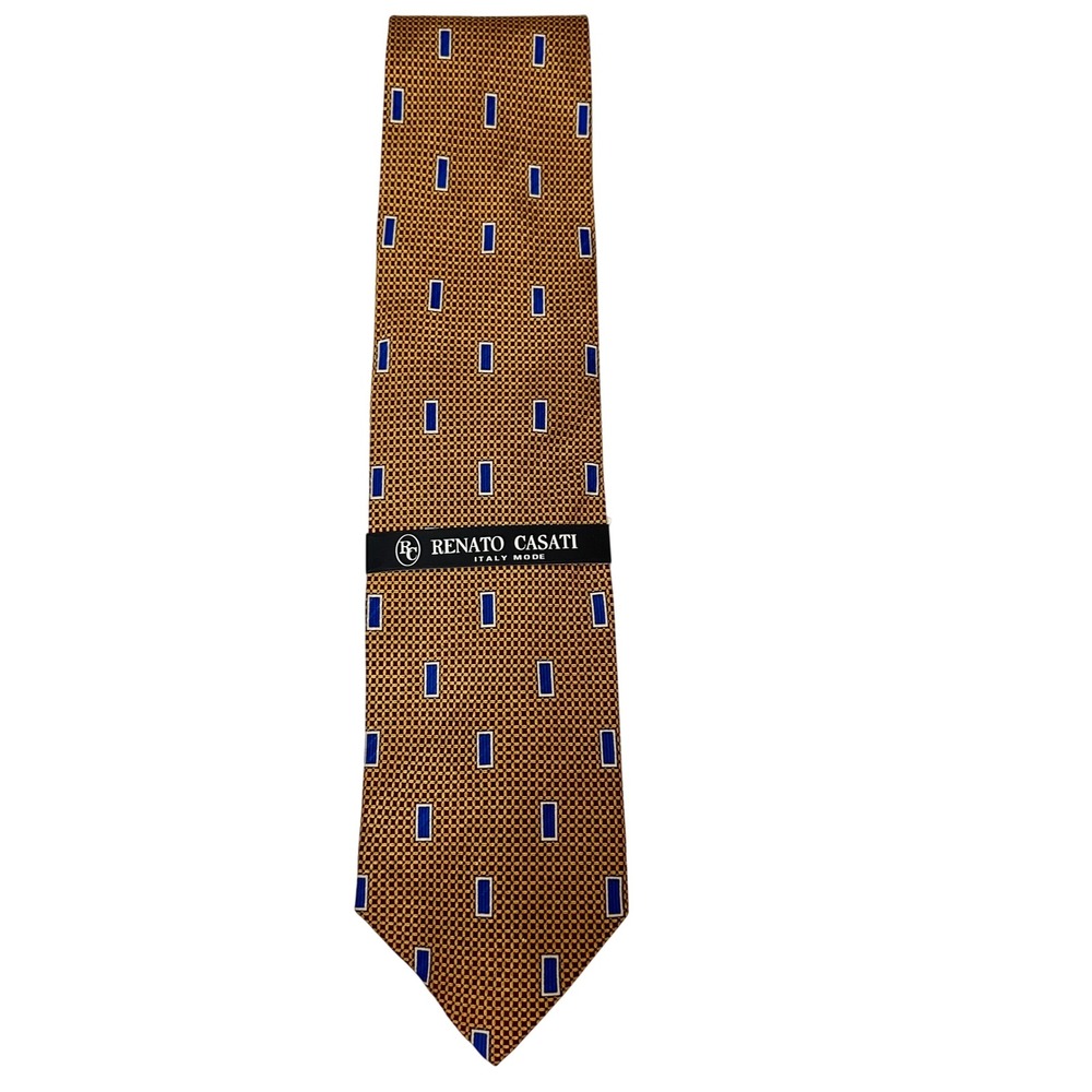 Renato Casati Italy Mode Silk Tie Gold Blue Geometric Pattern NWT